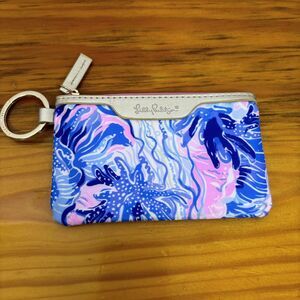 Lilly Pulitzer ID Case Wallet Card Holder Keychain Blue Pink‎ Zip Close NWOT